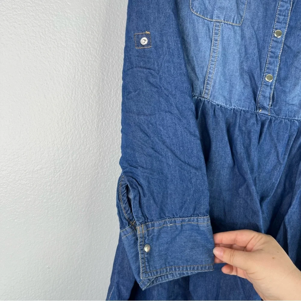Justice Dress Girls 14/16 Blue Denim Chambray Embellished‎ Collar Roll Up Sleeve